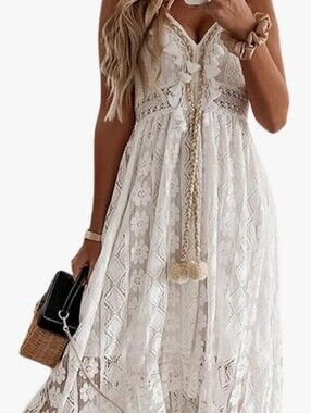 Bohemian White Lace Maxi Dress with Tassel Detail
